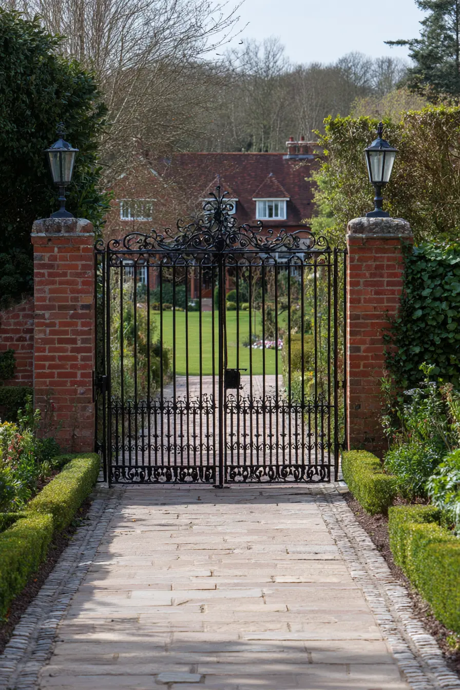Elegant Brick Pillars with Wrought Iron Gate