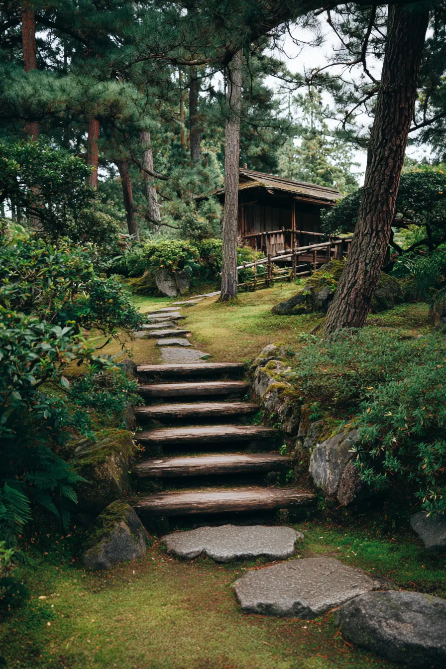 Tranquil Wooden Steps in a Japanese Garden
