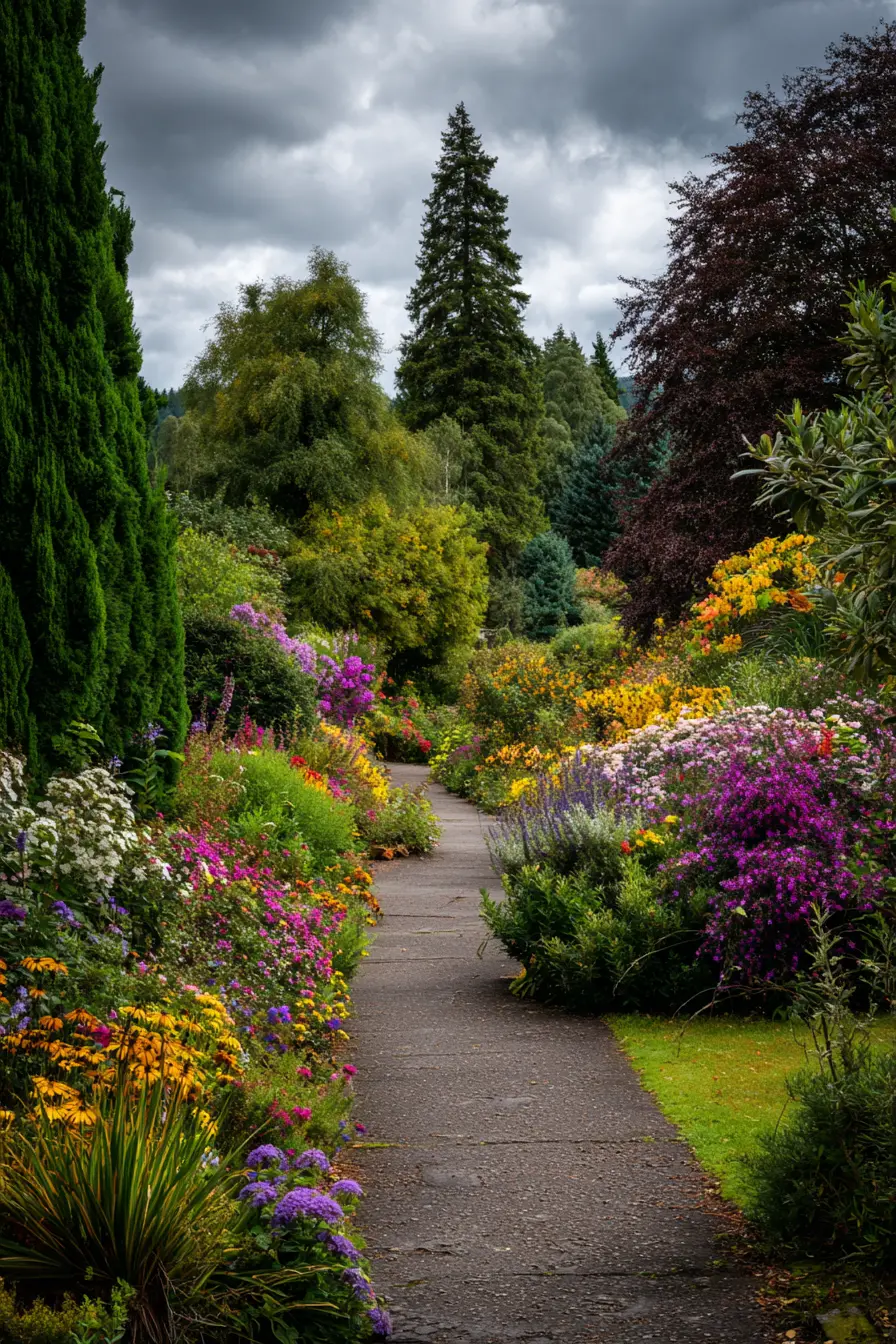 Colorful Cottage Garden Path with Towering Trees