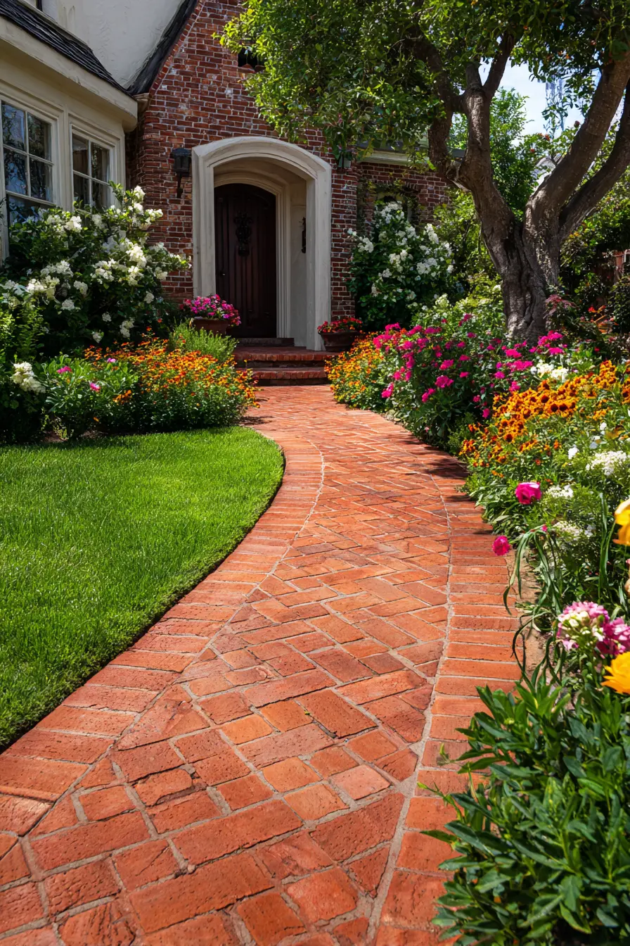 Classic Brick Paver Walkway with Garden Border