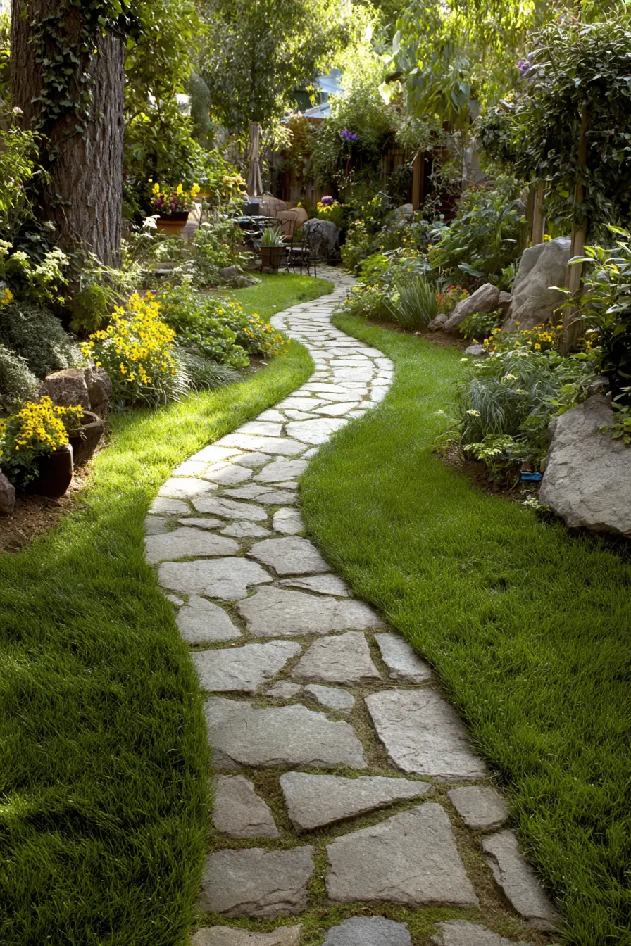 Curved Stone Pathway Through a Lush Garden