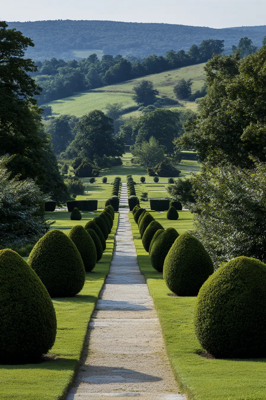 Symmetrical Walkway with Sculpted Hedges