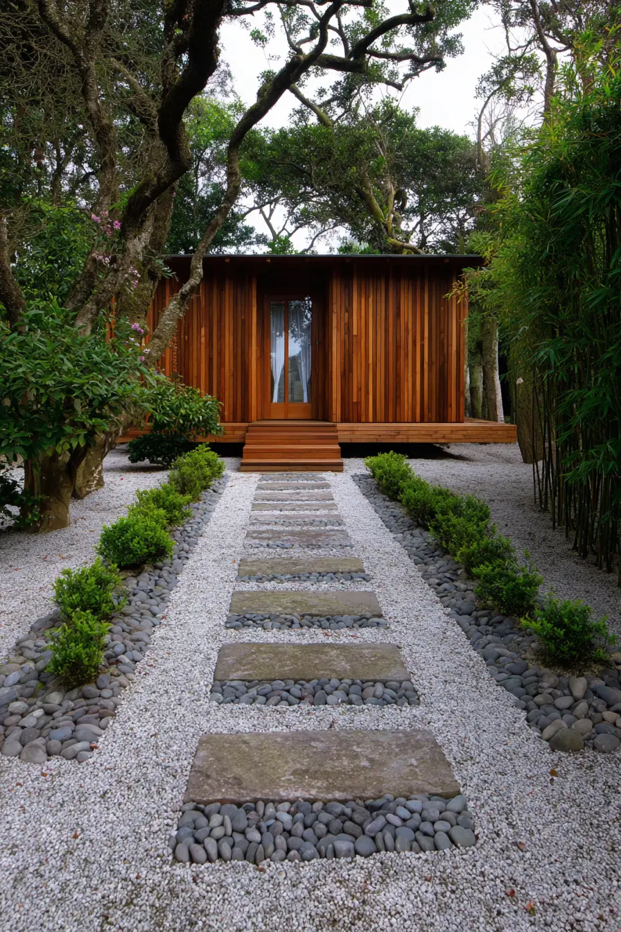 Zen-Inspired Walkway to a Wooden Shed