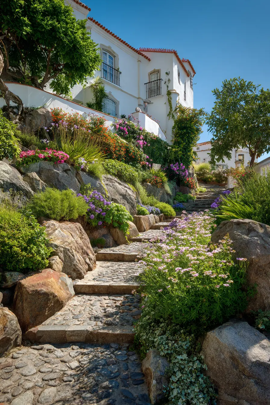 Mediterranean Driveway with Stone Steps and Blooms
