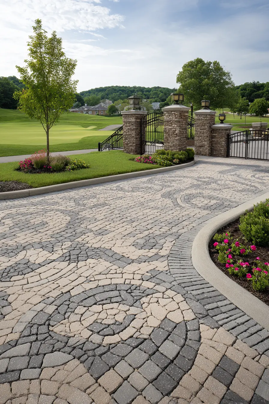 Stone Paver Horseshoe Driveway with Artistic Patterns