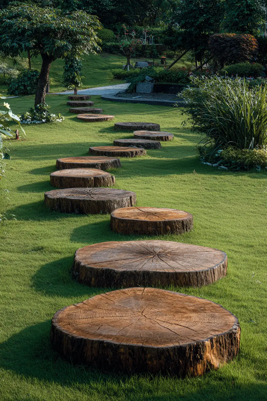 Rustic Wooden Log Stepping Stones in Grass