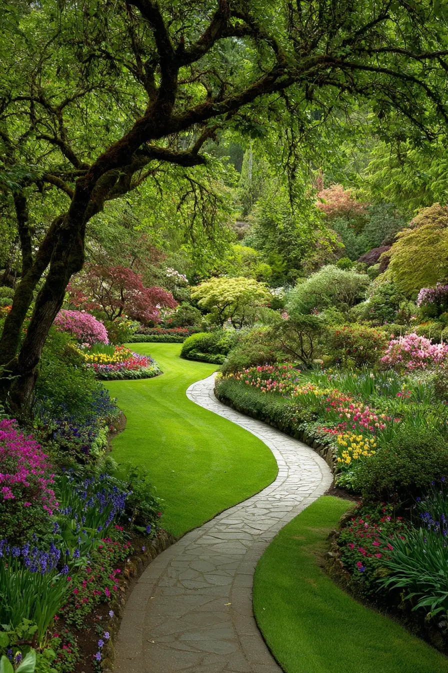 Curved Concrete Pathway Through a Colorful Garden