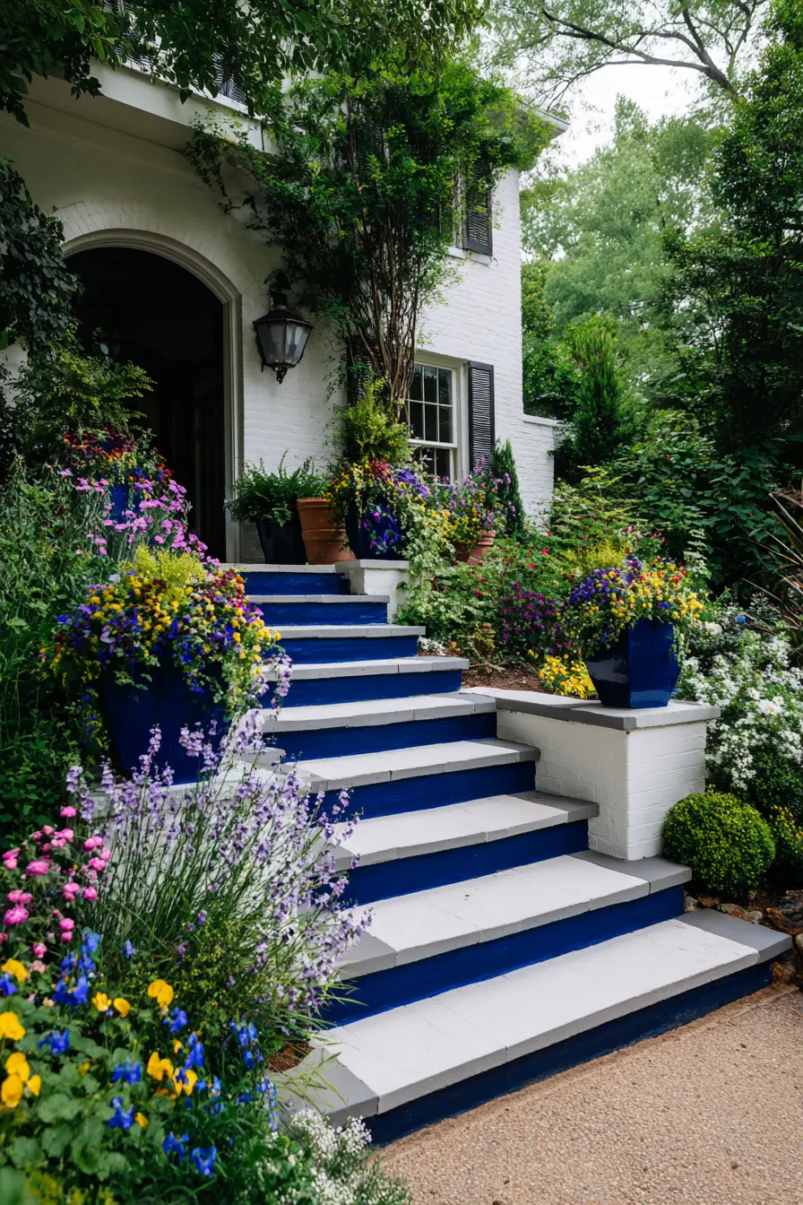 Bold Blue Stair Risers with Garden Accents