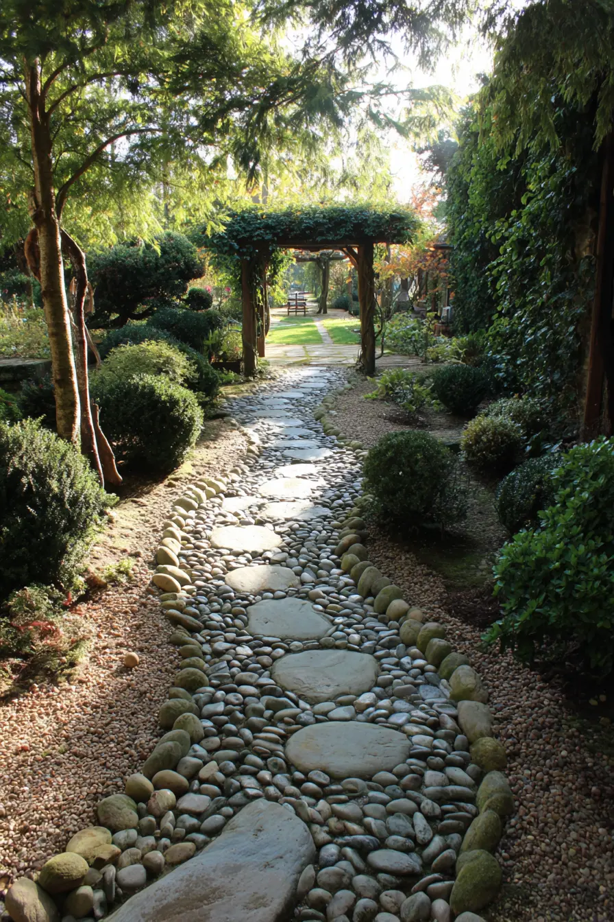 Pebbled Garden Path with Archway Entrance