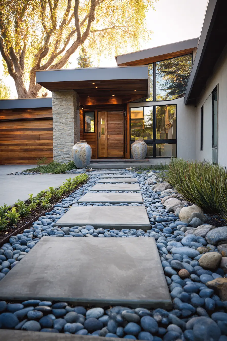 Sleek Paver Walkway with Pebble Accents