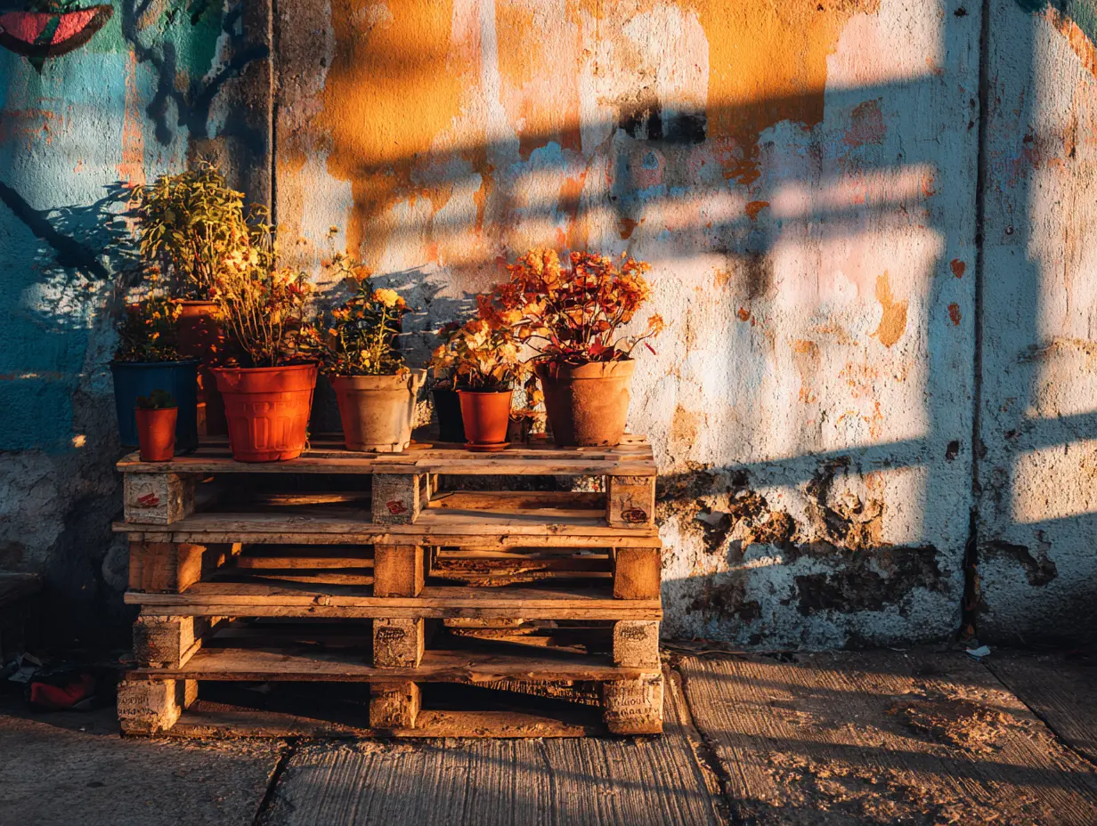 Secure a Pallet Against a Wall and Use It for Shelving Potted Plants