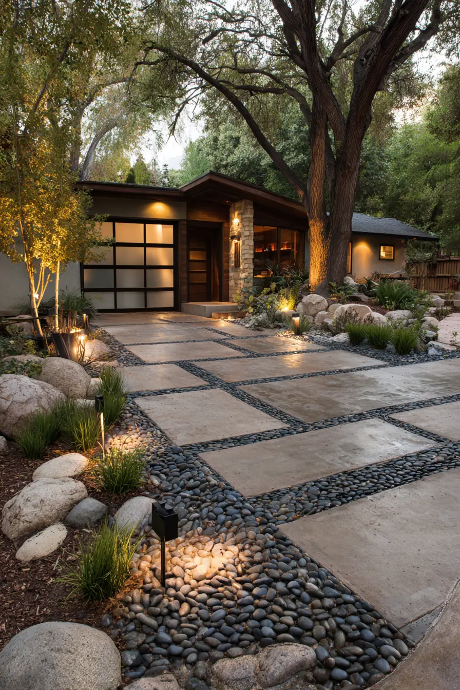 Contemporary Driveway with Stone and Pebble Accents