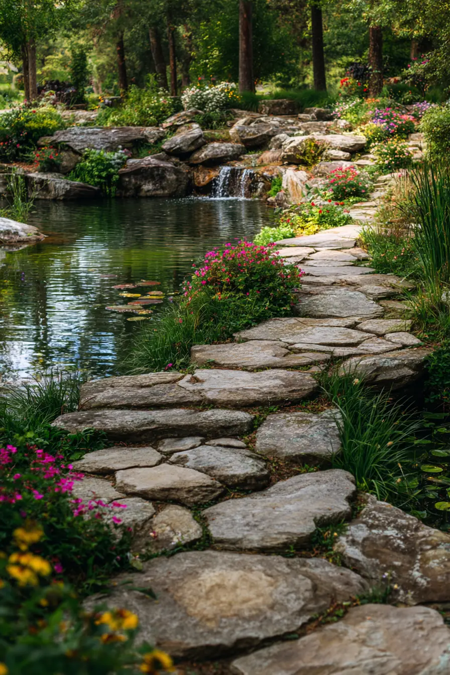 Limestone Walkway Beside a Tranquil Garden Pond