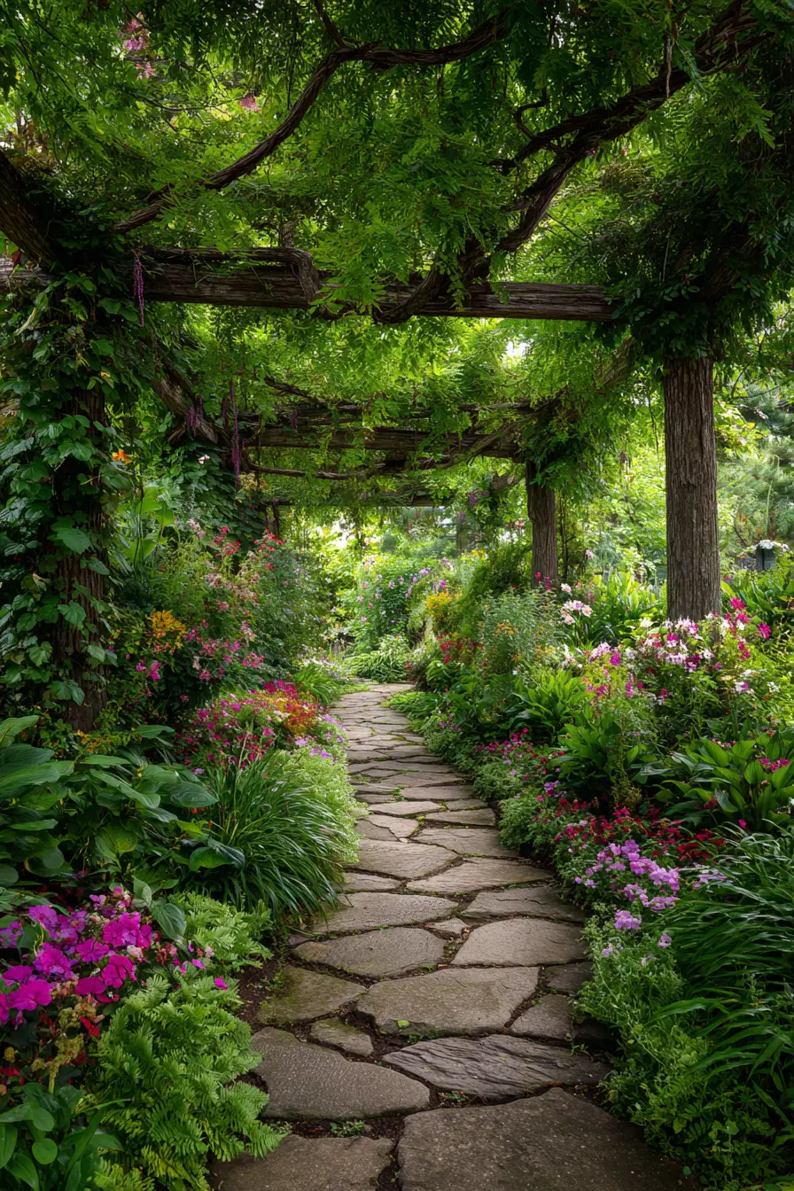 Garden Path Under a Leafy Pergola