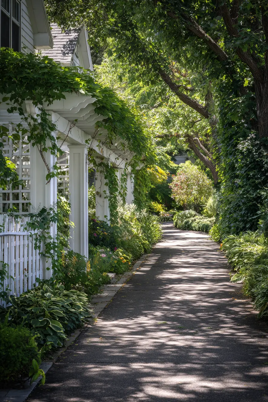 Driveway Charm with Vines and Shaded Greenery