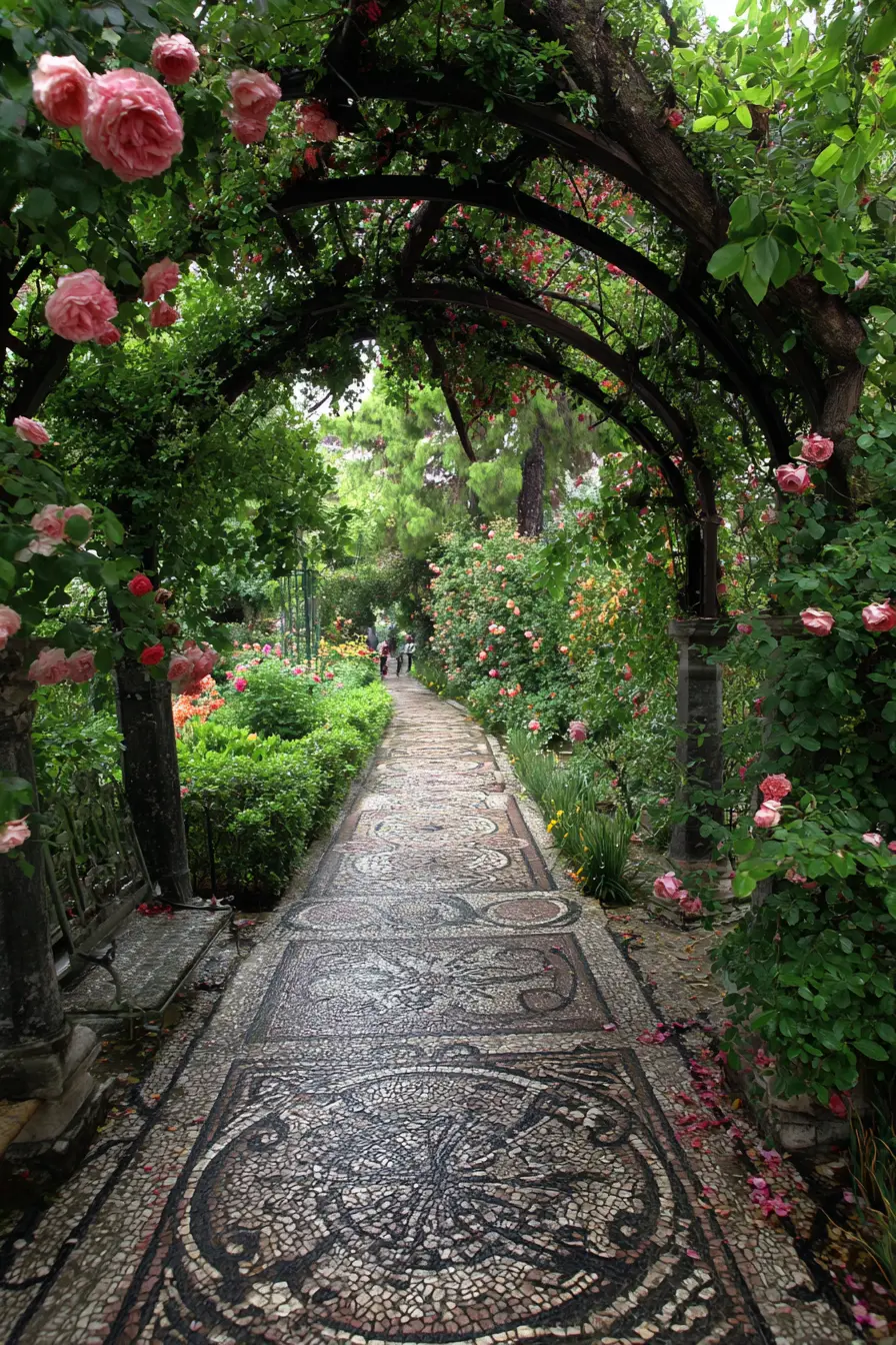 Romantic Rose-Covered Walkway with Mosaic Path