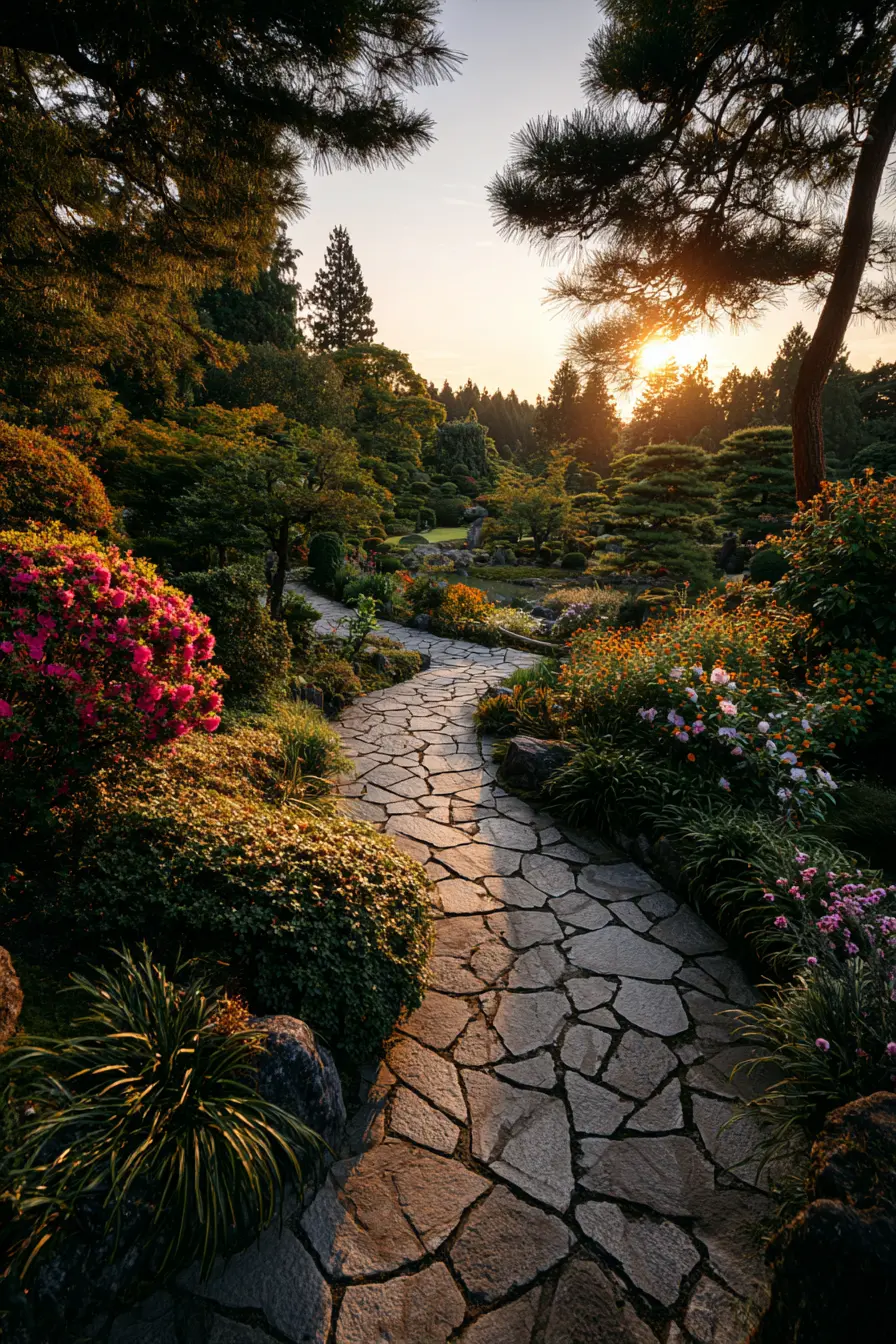 Serene Stone Walkway in a Garden at Sunset