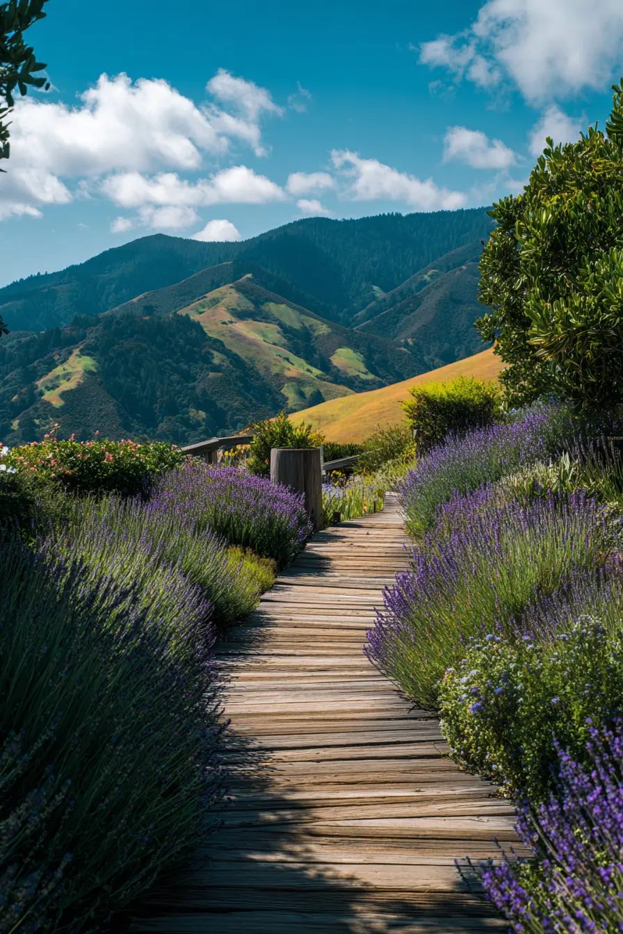 Wooden Pathway Surrounded by Lavender Fields