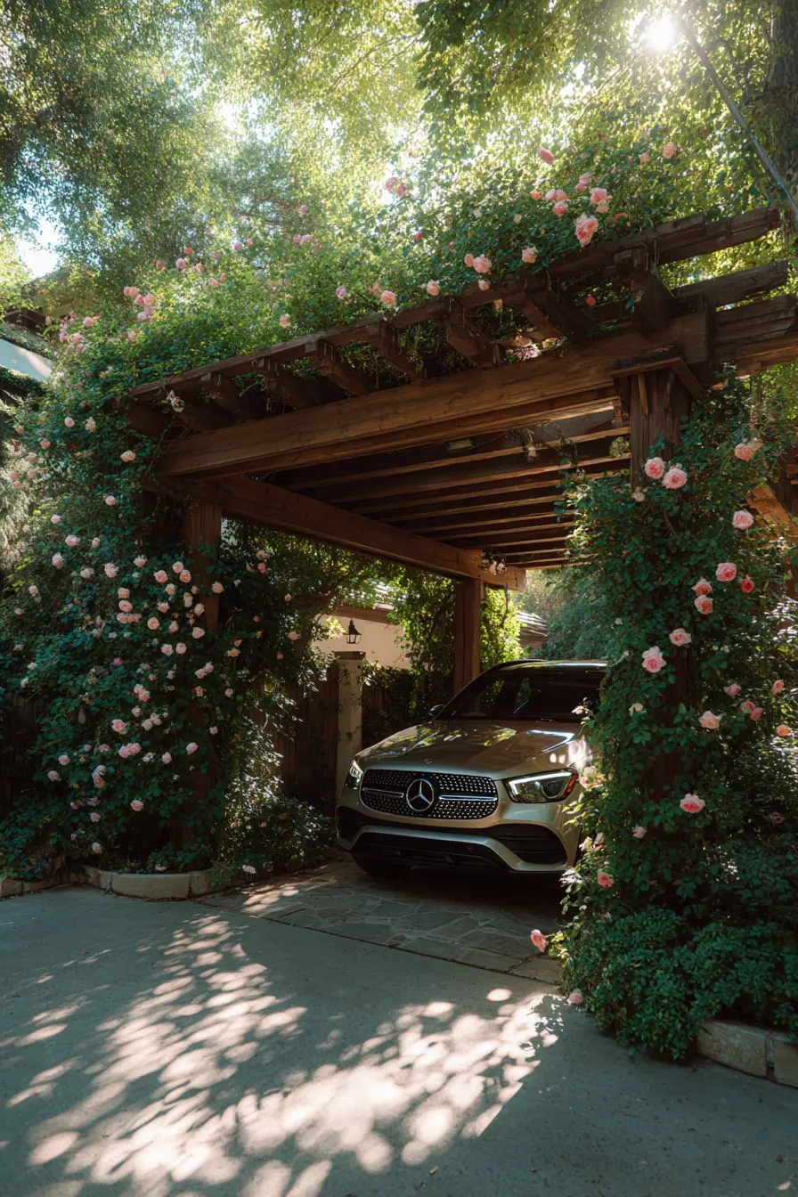 Rustic Pergola Driveway Cover with Blooming Vines