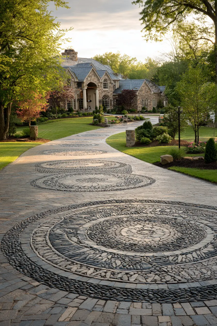 Decorative Cobblestone Driveway with Intricate Circular Motifs