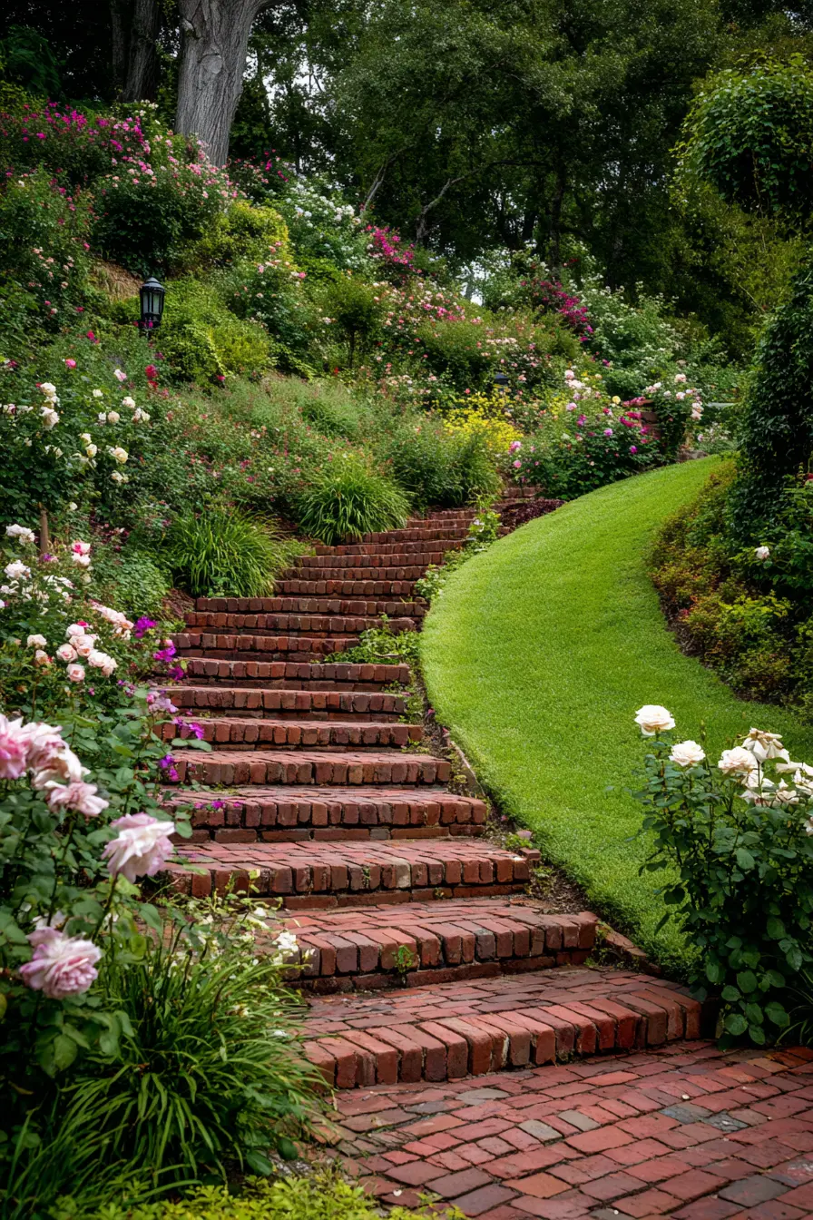 Brick Steps Surrounded by Blooming Roses