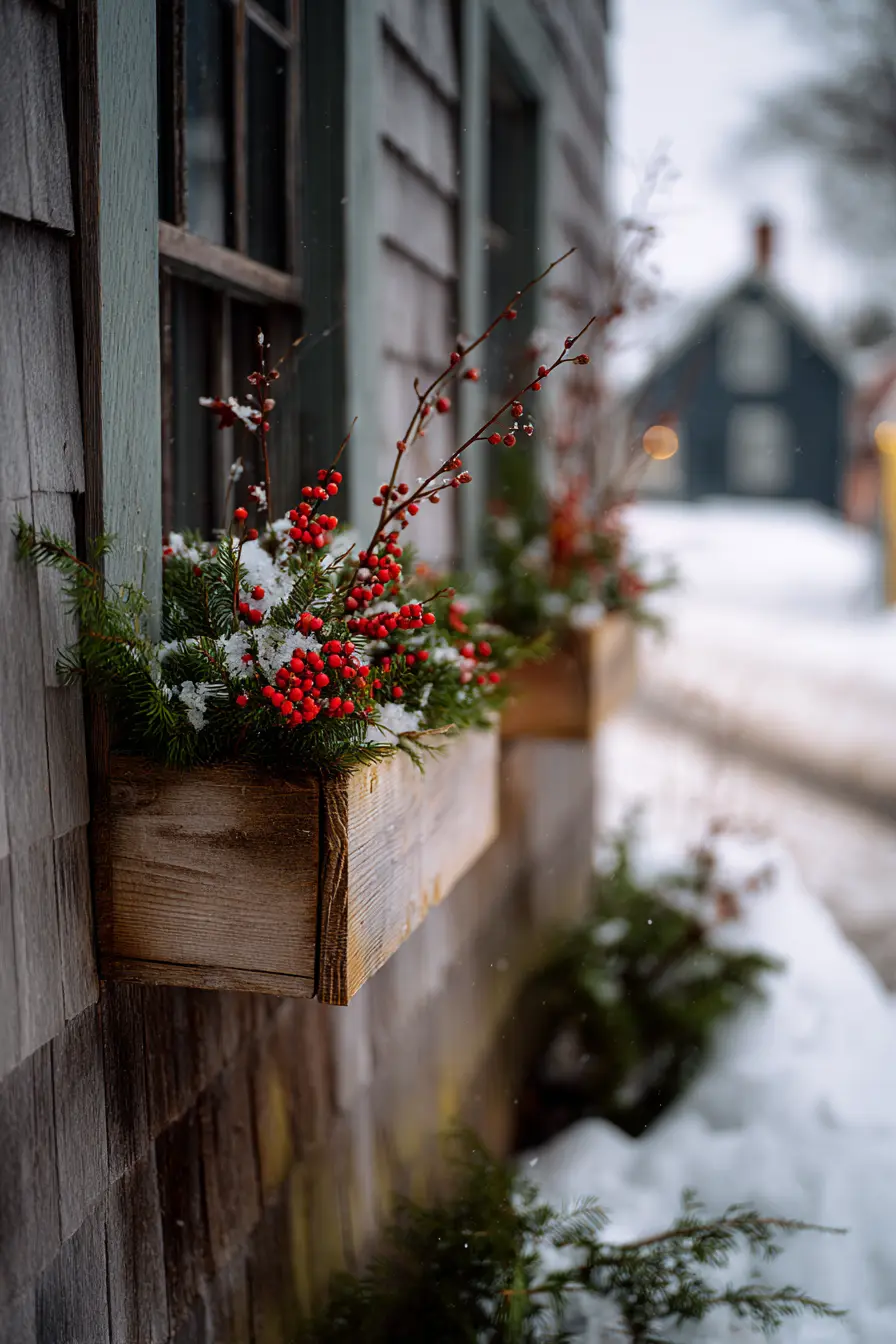 Winter Window Boxes with Seasonal Greenery