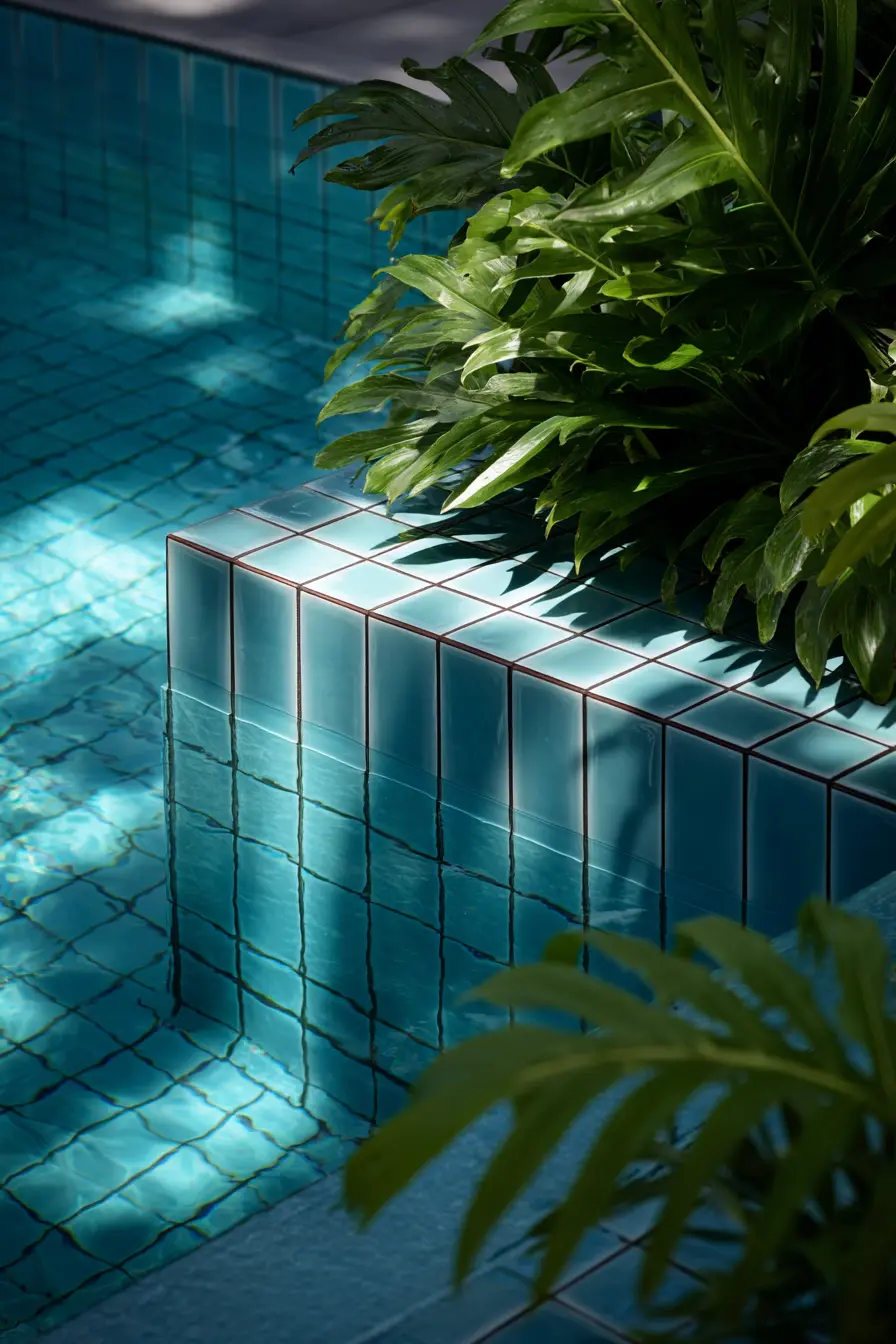 Glossy Aqua Tile with Tropical Greenery