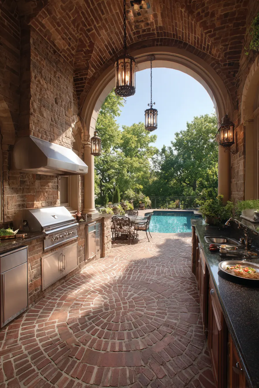 Circular Brick Patio in Outdoor Kitchen Retreat