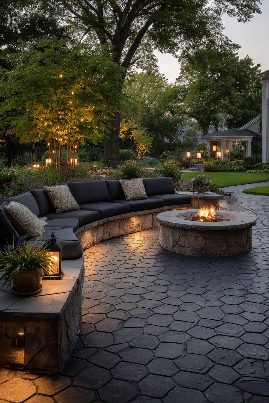 Hexagon Stone Patio with Fire Feature