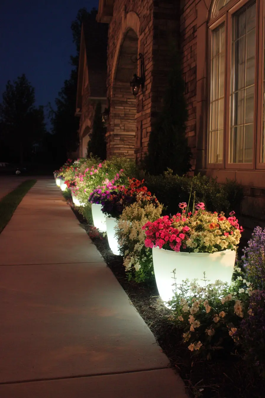 Illuminated Driveway Planters for Nighttime Elegance