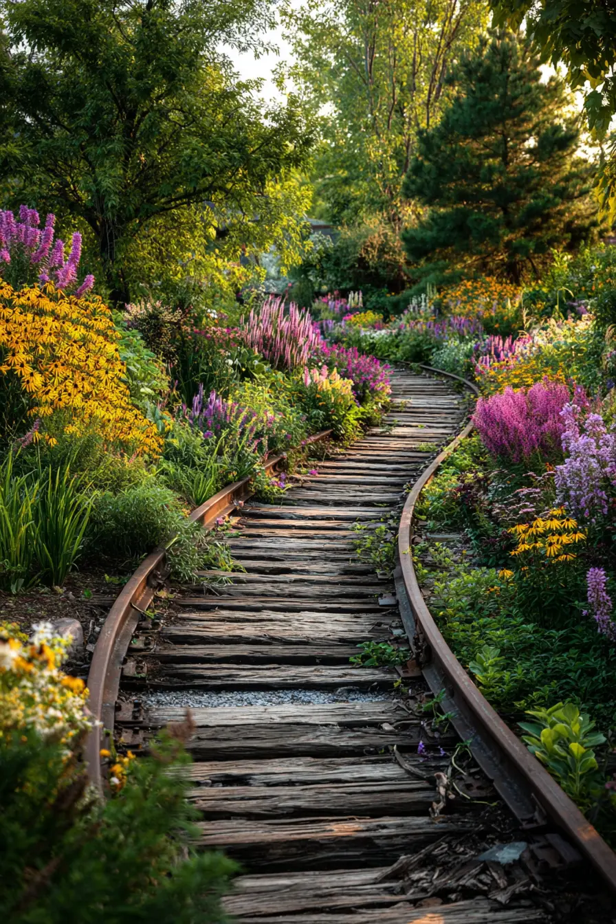 Railroad Tie Walkway Surrounded by Blooming Colors