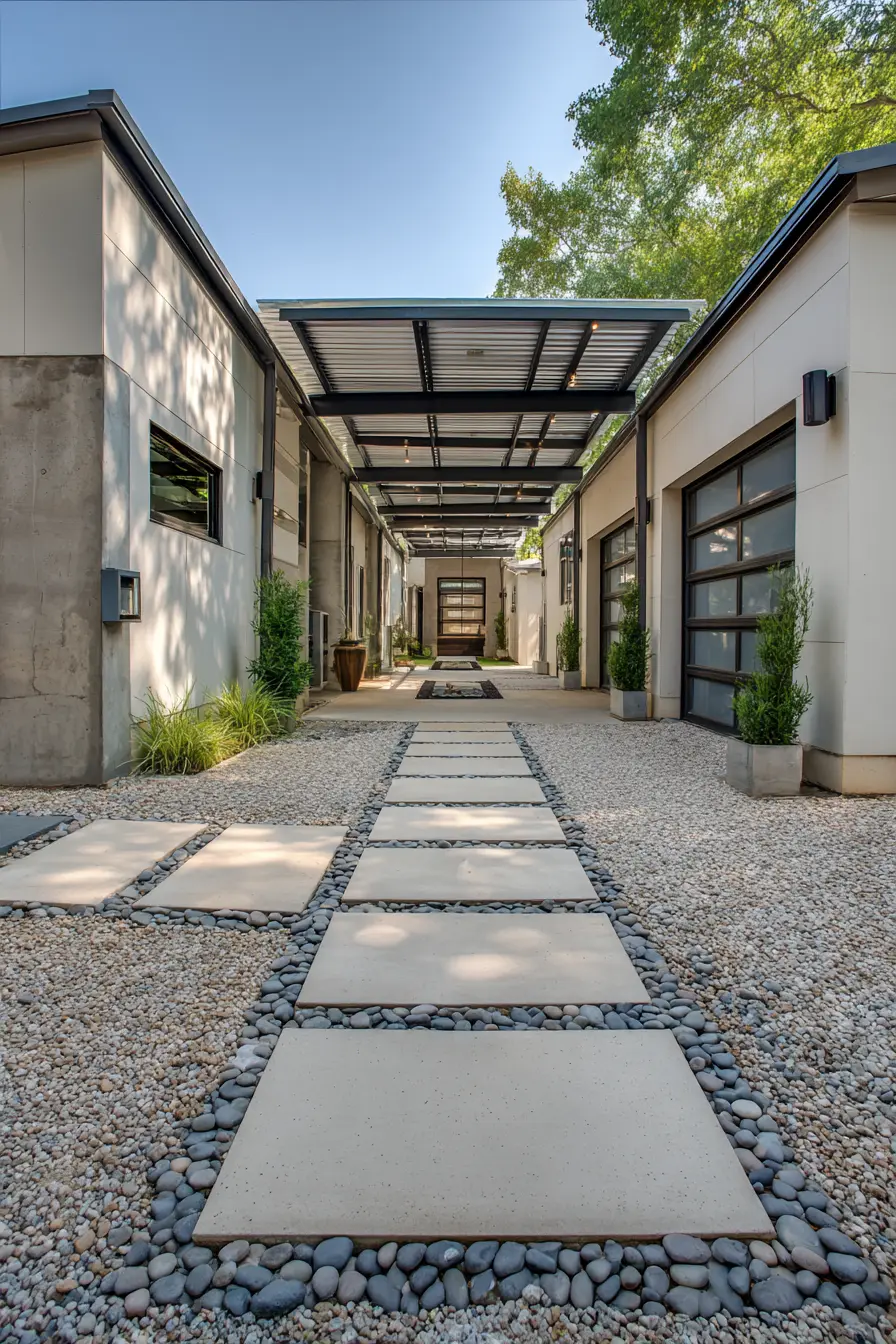 Contemporary Pea Gravel Driveway with Modern Pavers