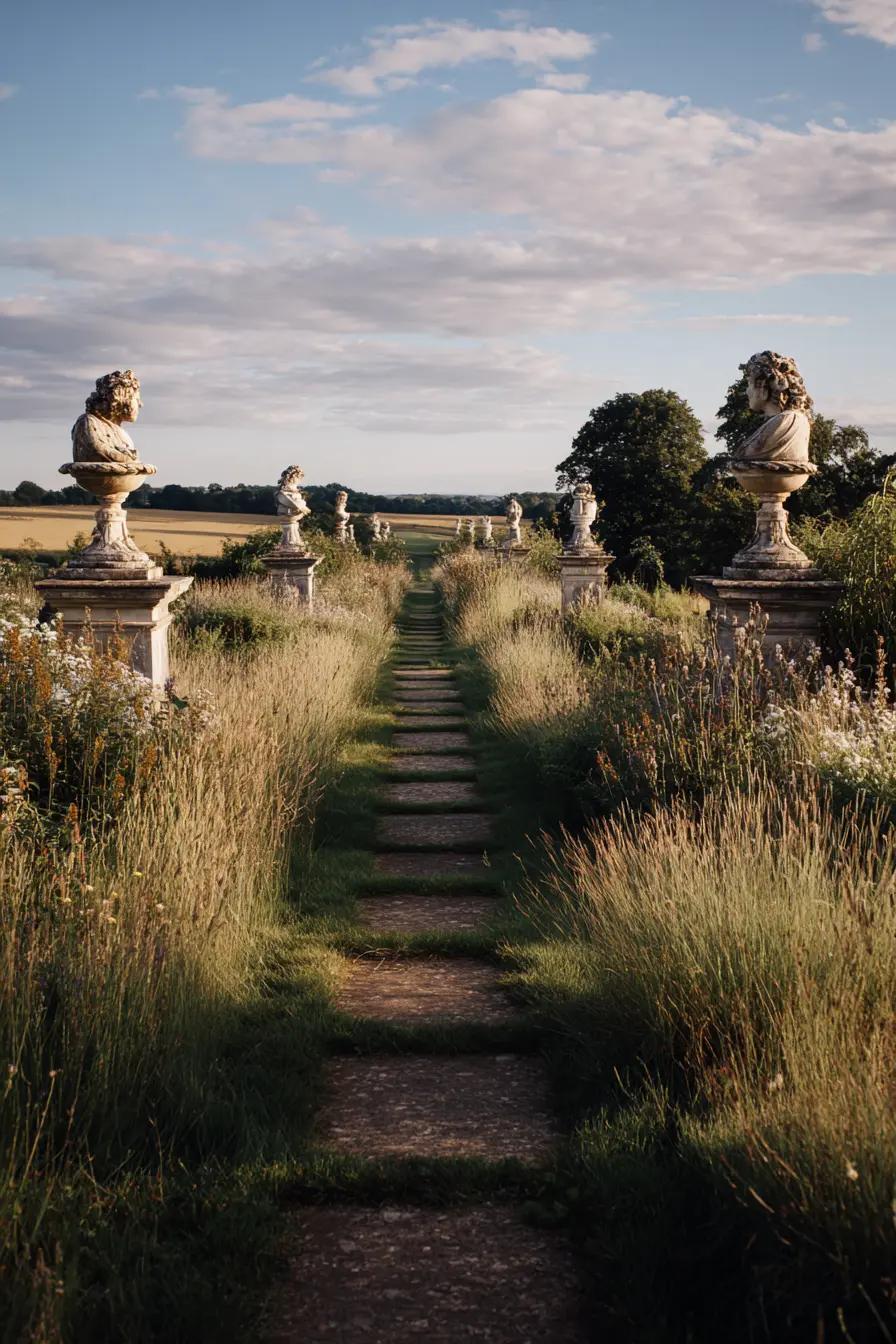 Majestic Grassy Path with Classical Statues