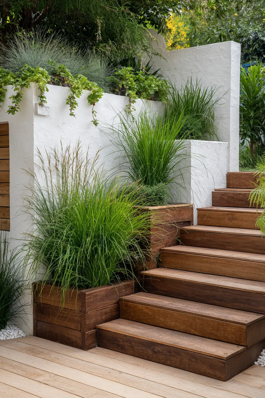 Modern Wooden Steps Framed with Lush Greenery