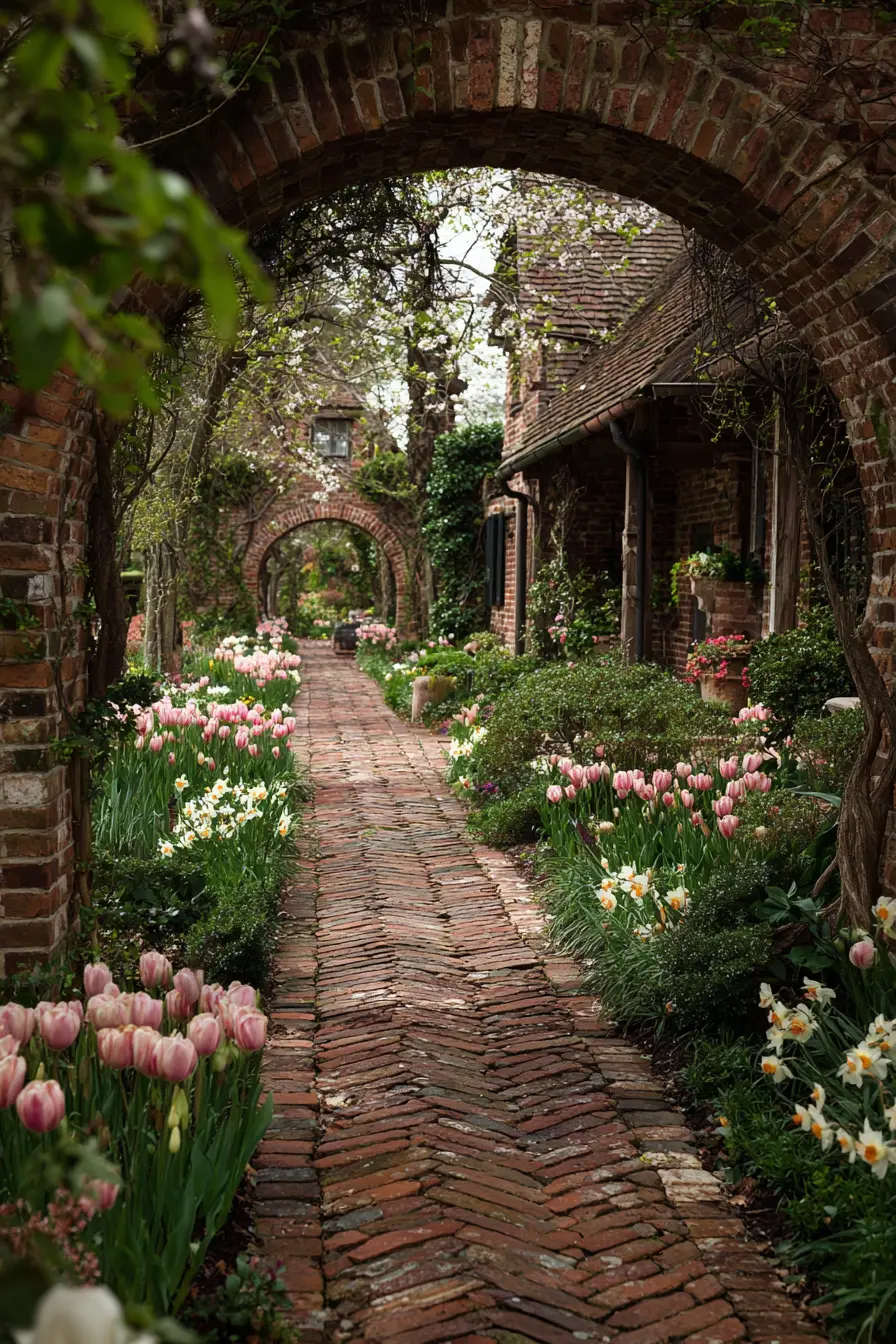 Brick Archway Path Lined with Tulips