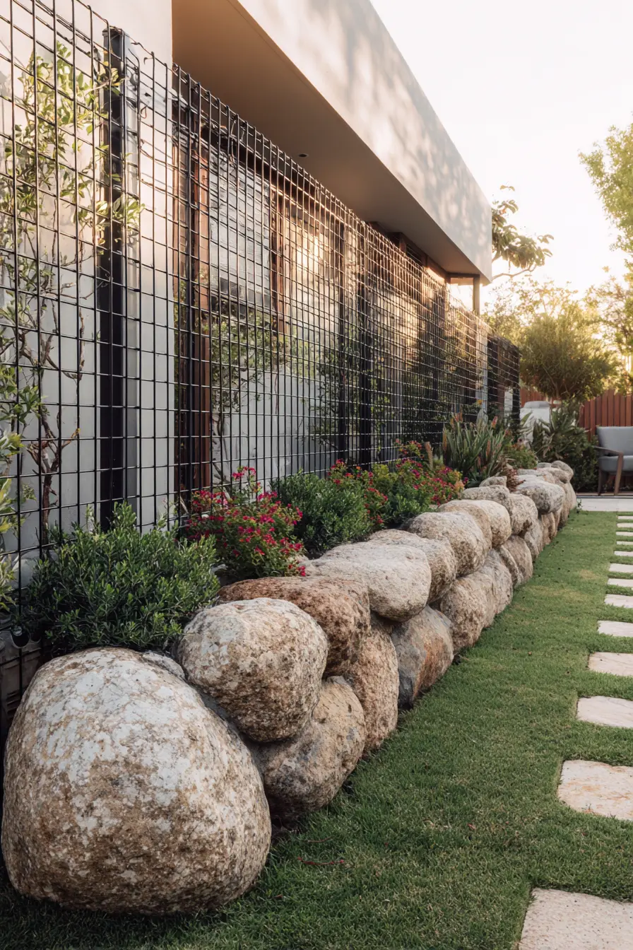 Boulder Wall with Modern Metal Fence