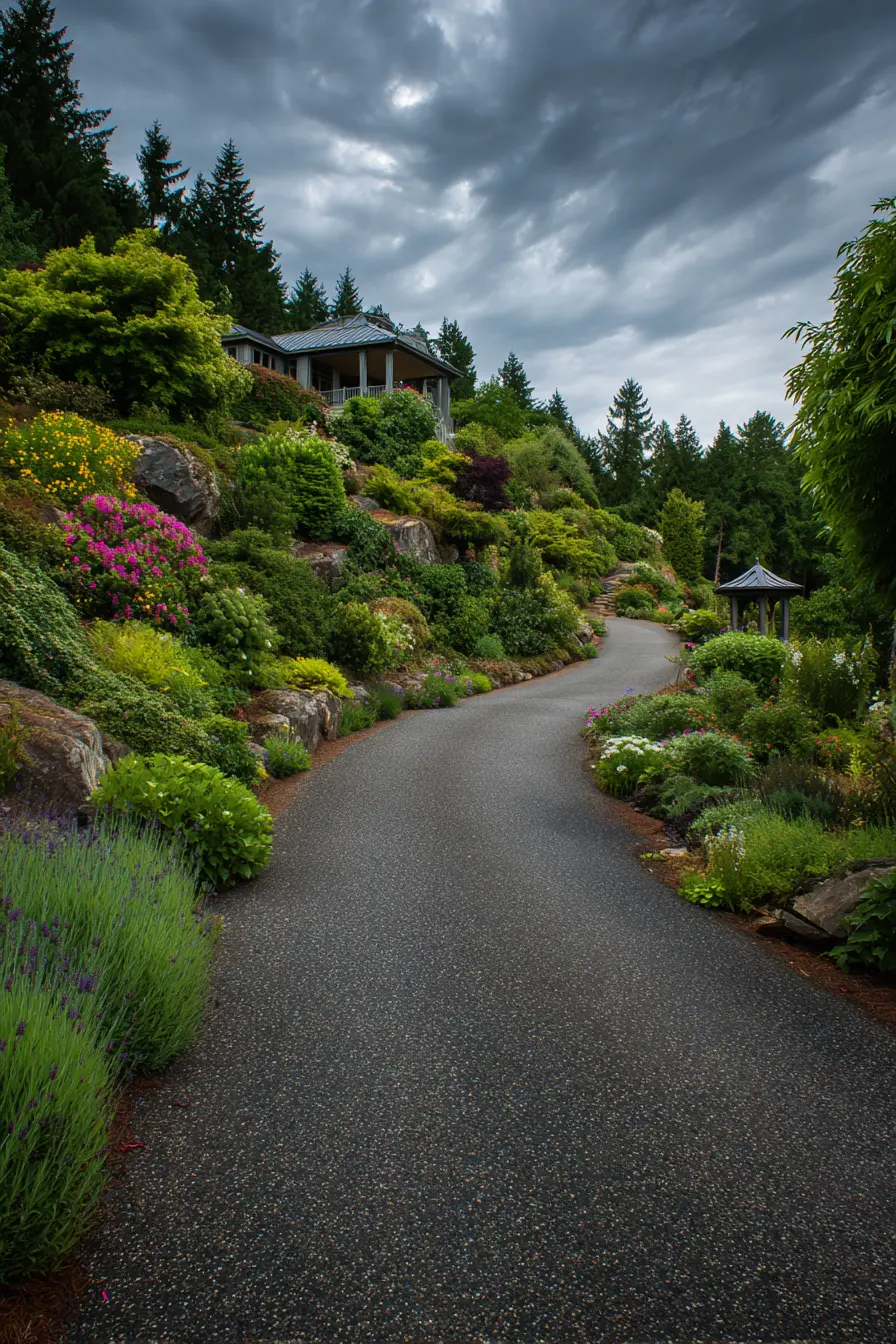 Winding Driveway with Colorful Hillside Garden