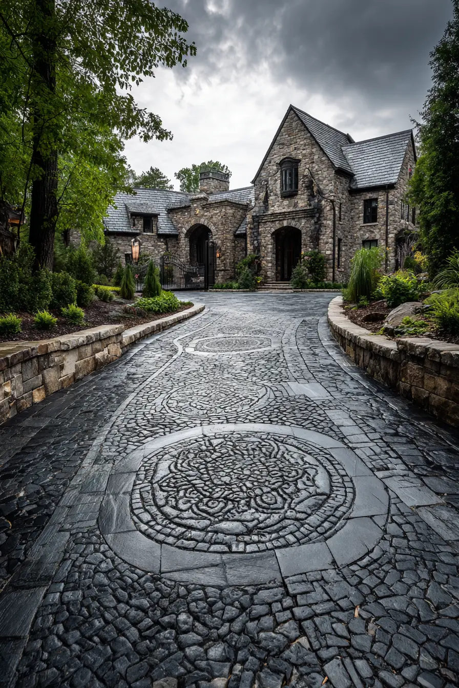 Horseshoe Driveway with Dark Stone Elegance