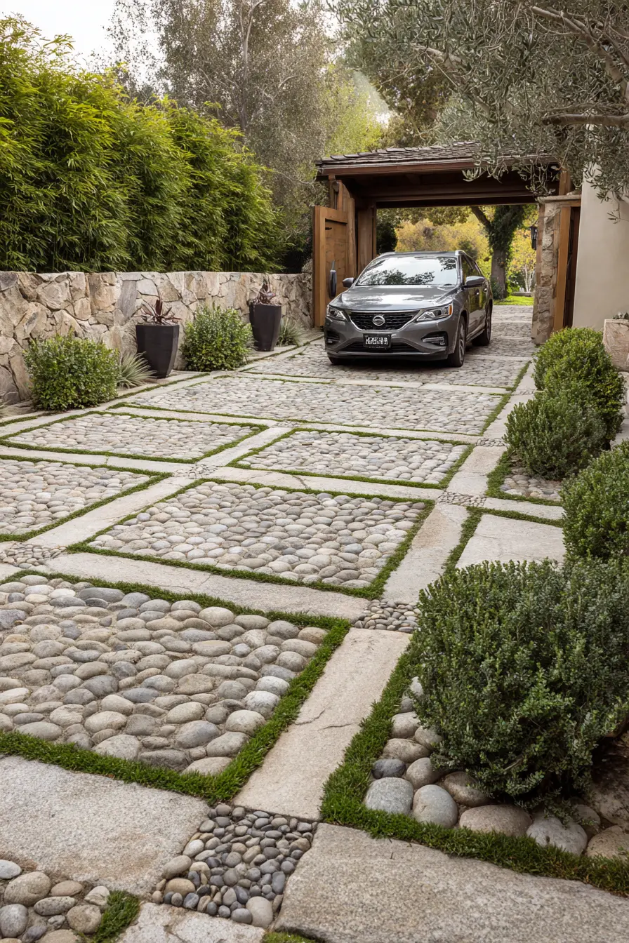 Structured River Rock Driveway with Green Accents