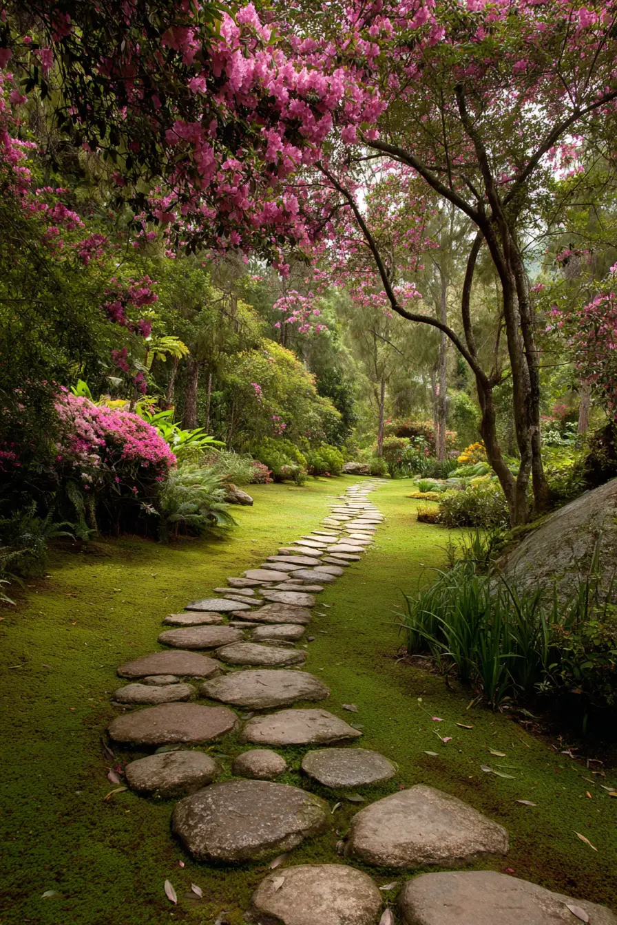 Stone Pathway Under Blossoming Trees