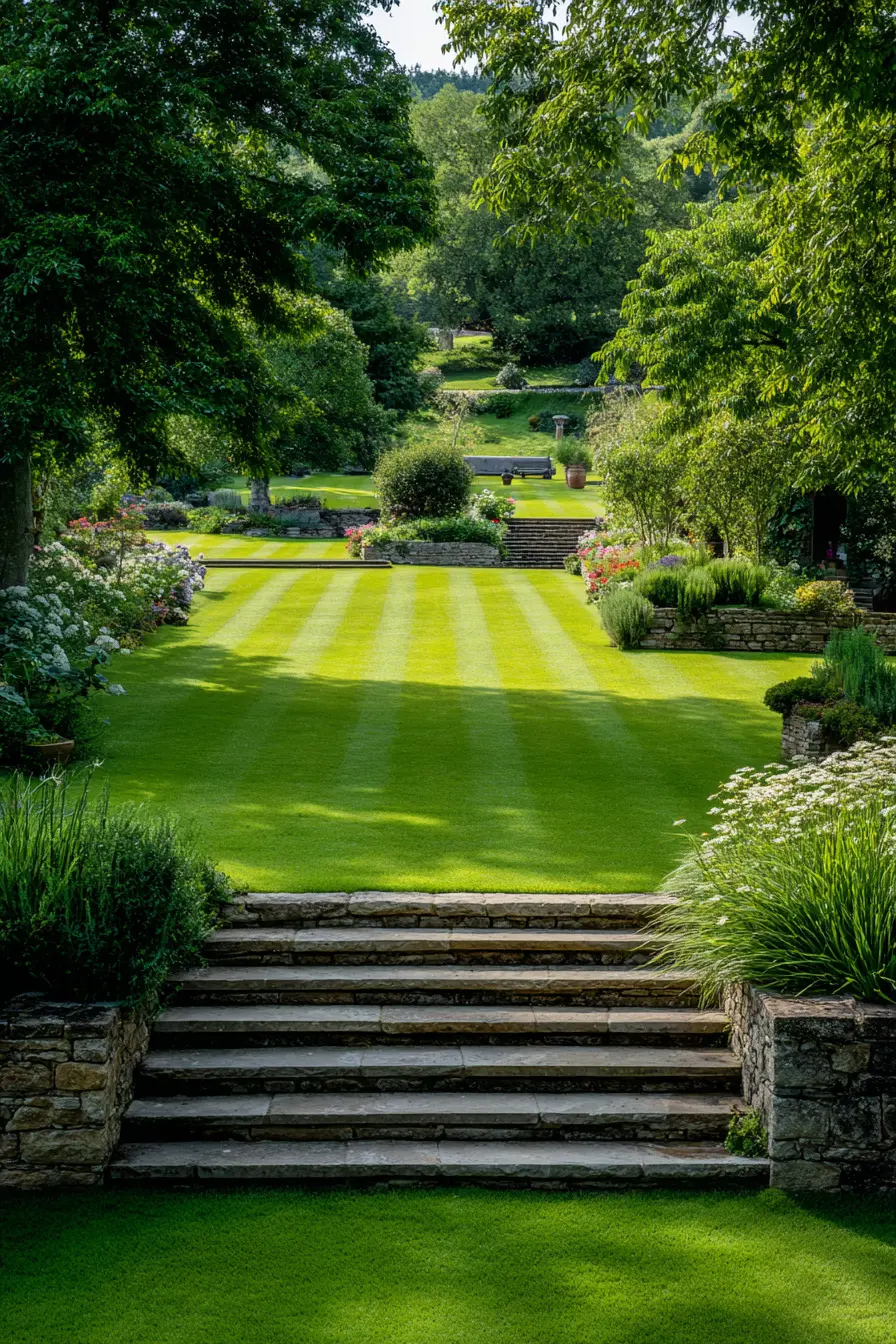 Grand Garden with Stone Steps and Lush Grass