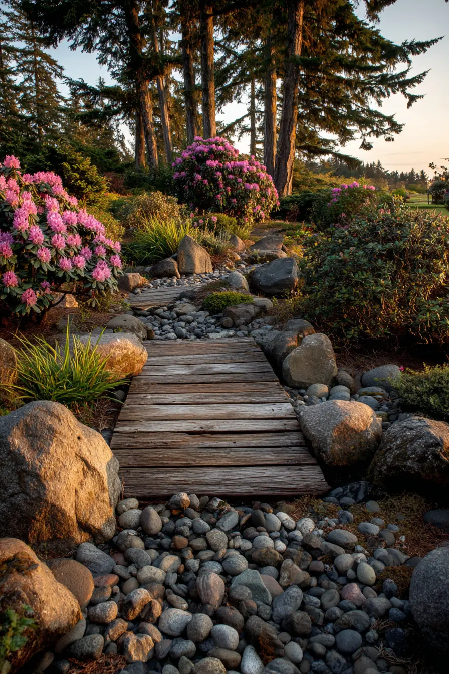 Rustic Rock Border with Wooden Pathway