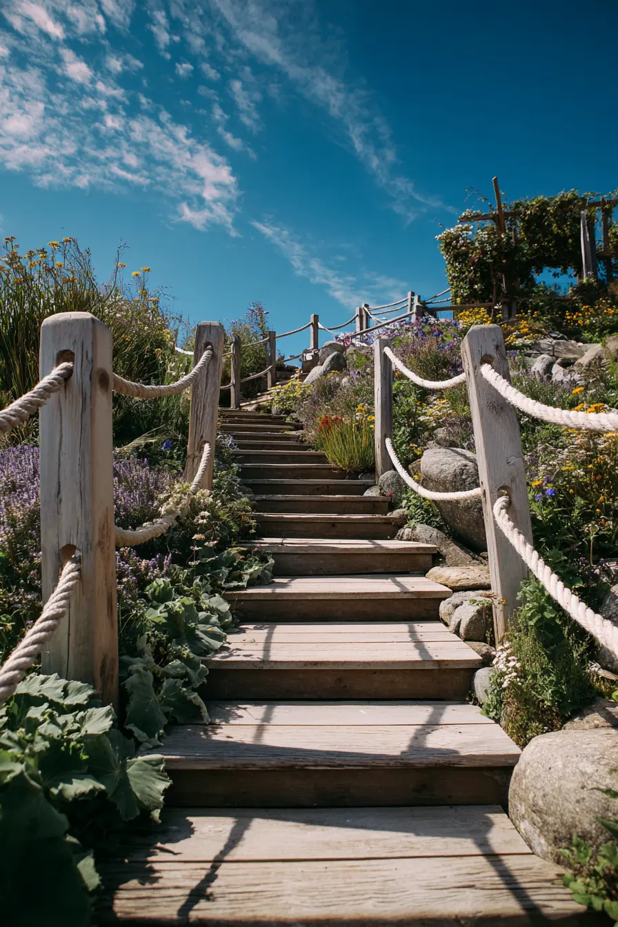 Coastal-Inspired Wooden Stair Risers with Rope Rails