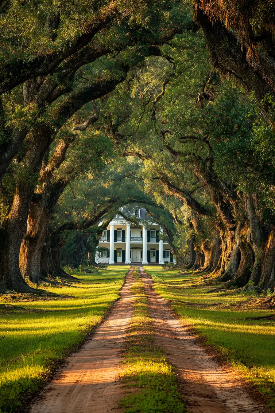 Tree-Lined Path to a Grand Farmhouse