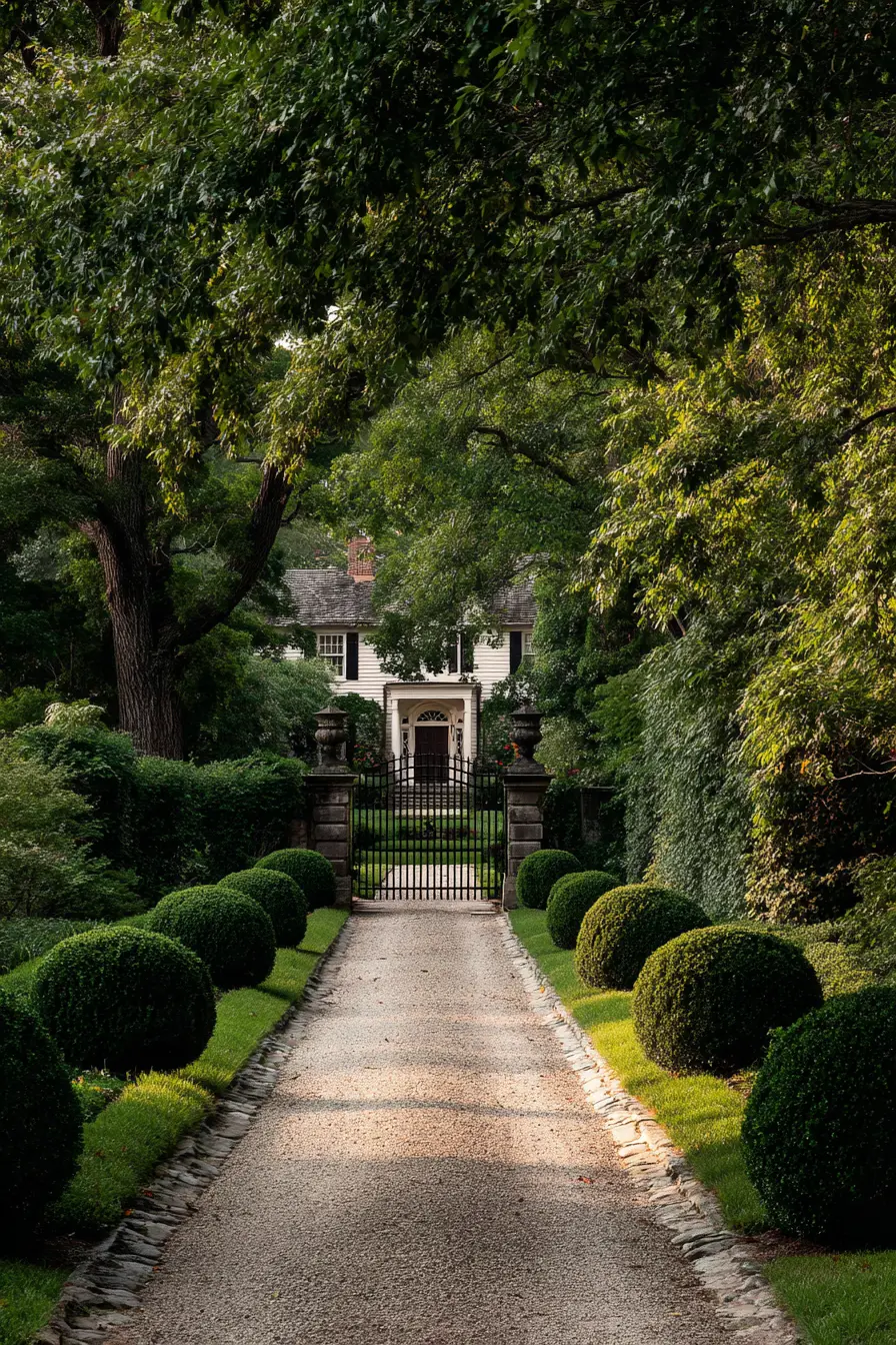 Driveway Island with Classic Boxwood Elegance