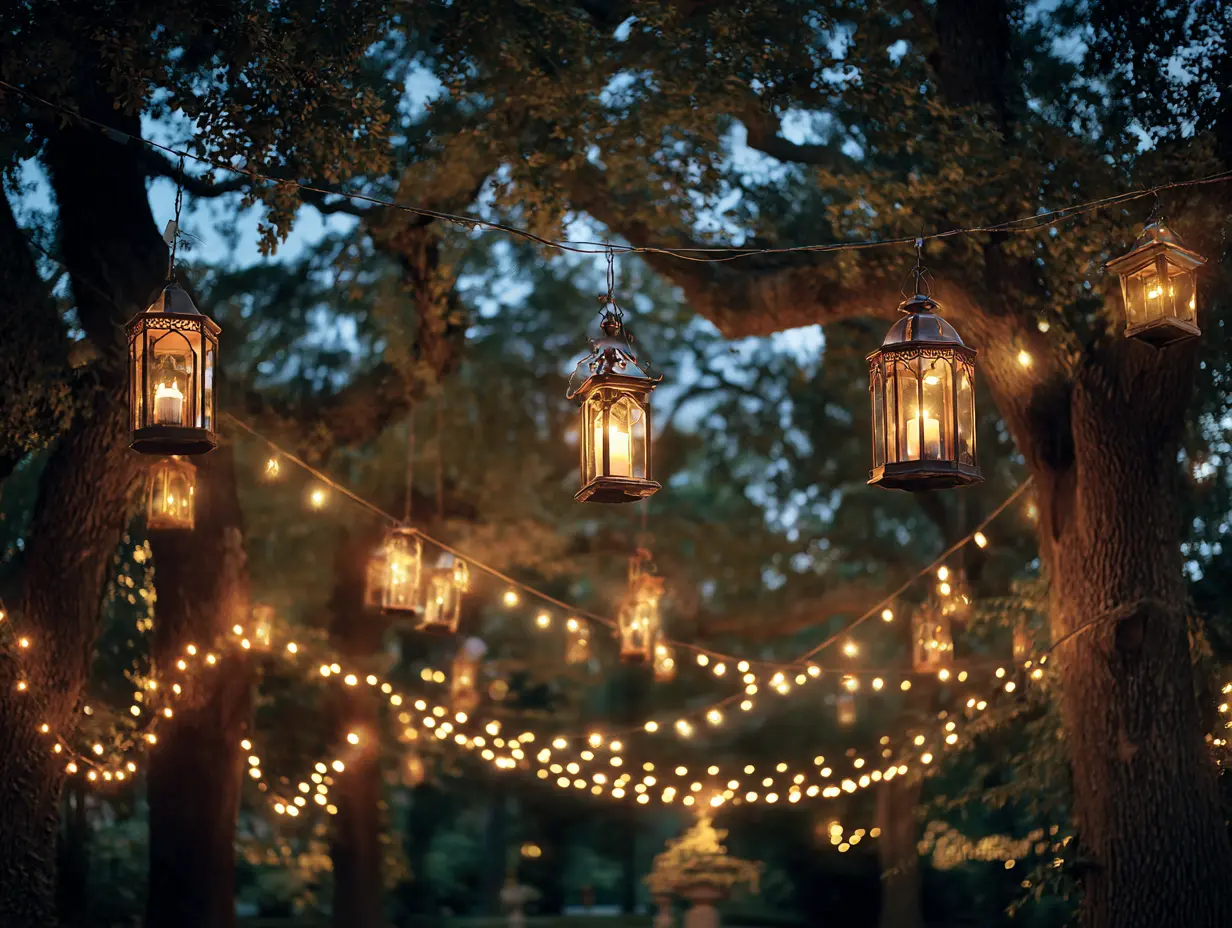 Combine String Lights With Hanging Lanterns for a Rustic Outdoor Vibe