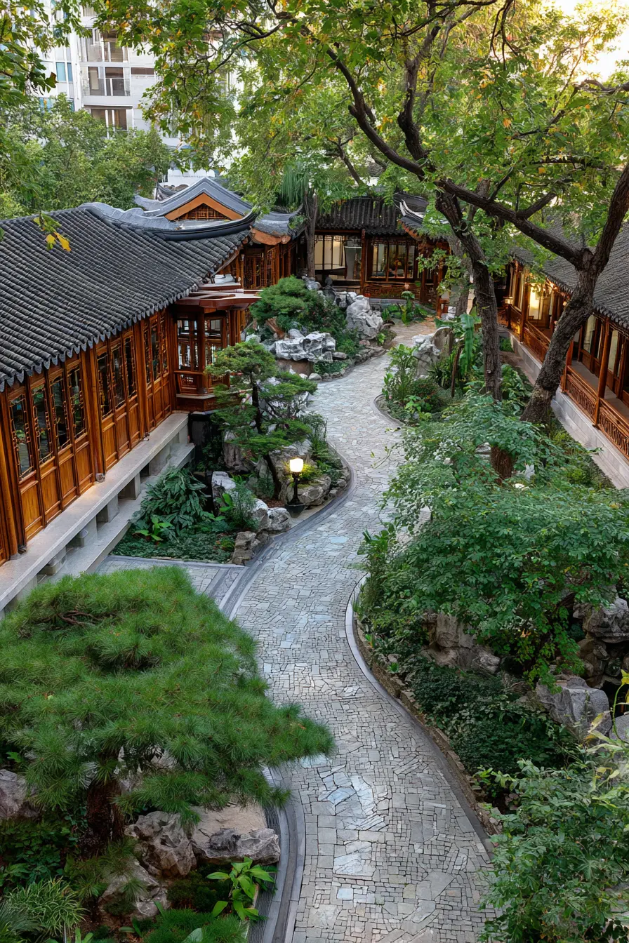 Limestone Walkway in a Tranquil Courtyard Garden