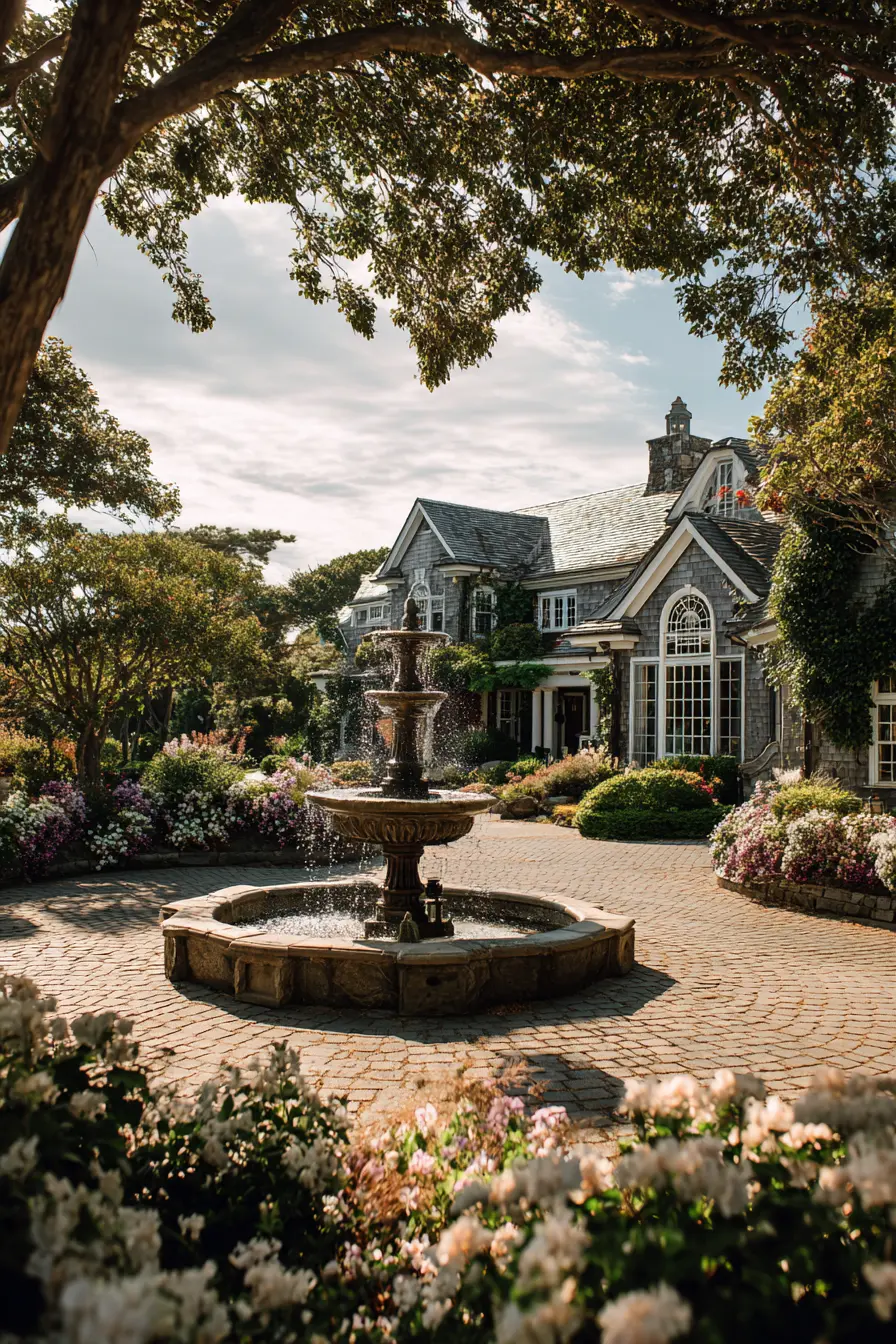 Driveway with Fountain and Blooming Borders