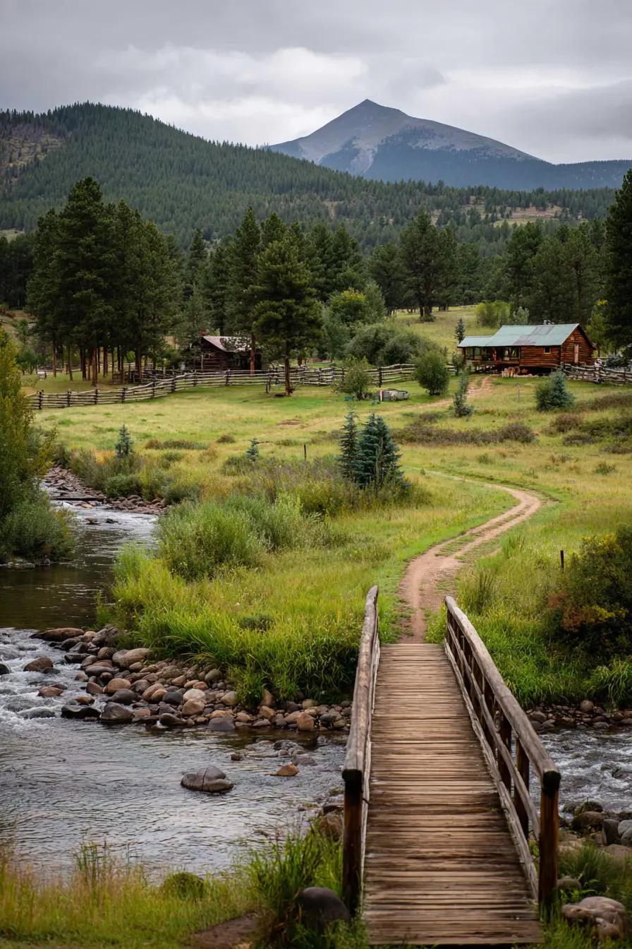 Ranch Driveway with Wooden Bridge and Creek