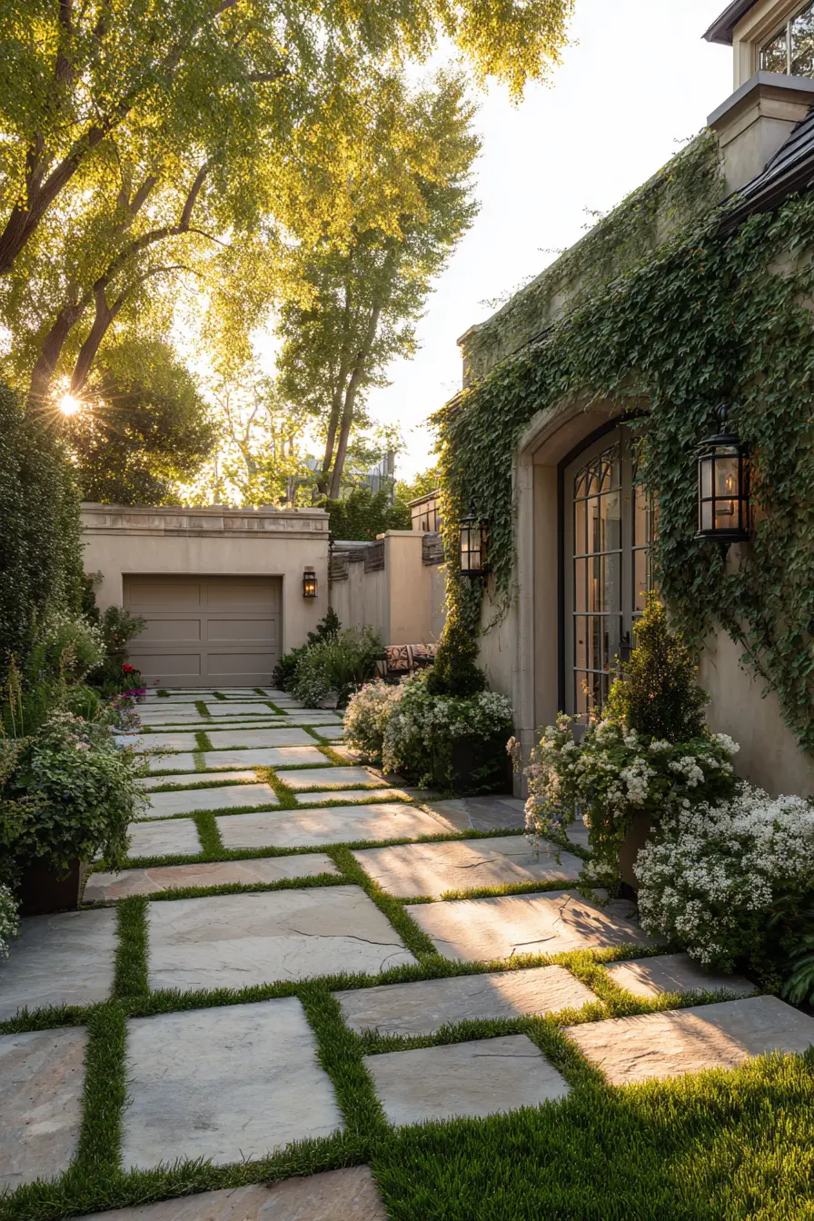 Greenery-Framed Driveway with Stone Pavers